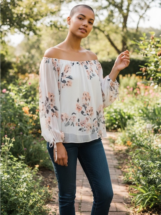 Black Tape Tops - Black Tape Floral Off Shoulder Blouse Small Boho Lightweight Pleated Top